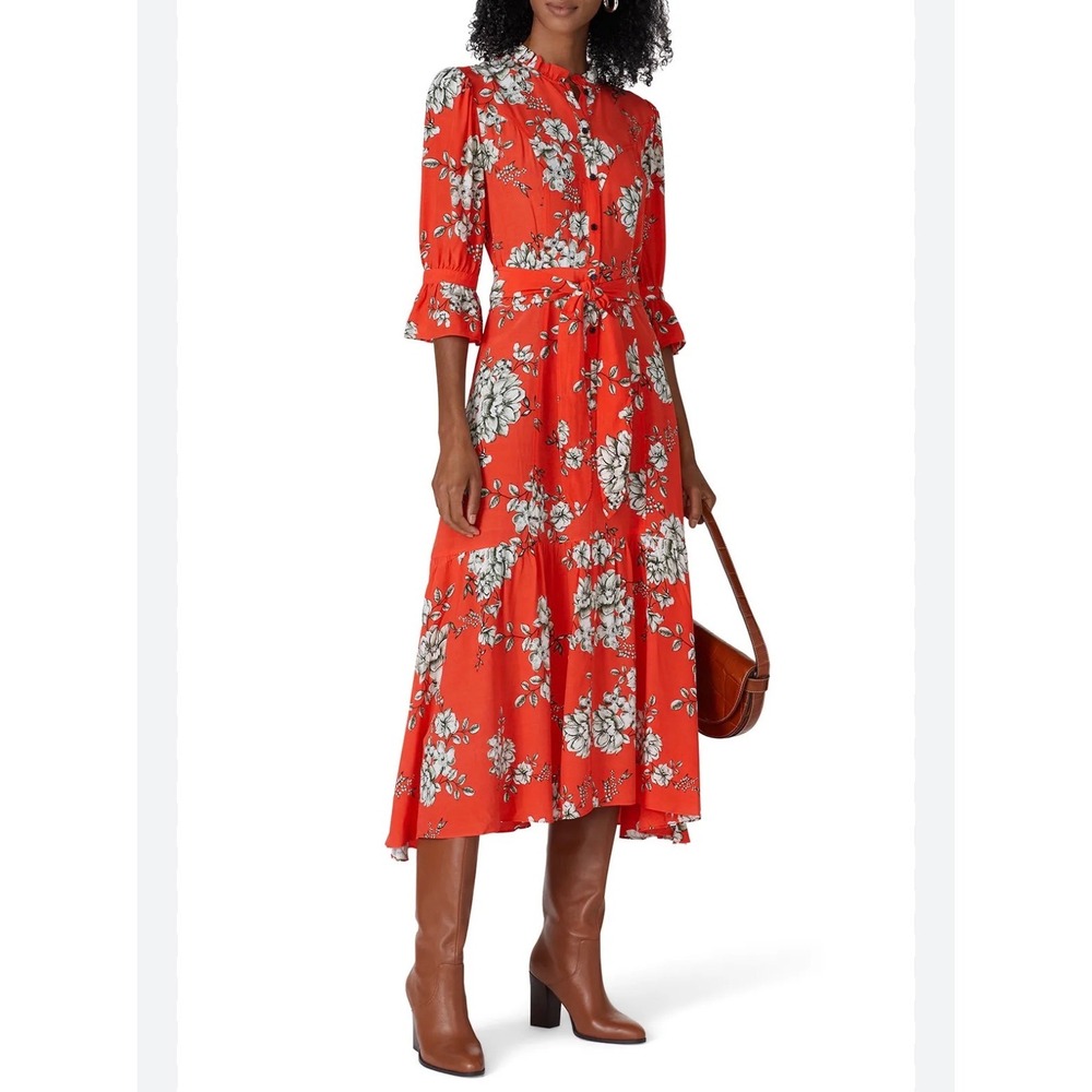 Marissa Webb Red Floral Viscose Midi Dress Ruffle Neck Button Front Size 2